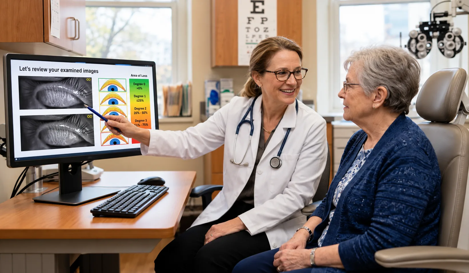 Eye care professional reviewing meibomian gland images with a patient in VisuDoc